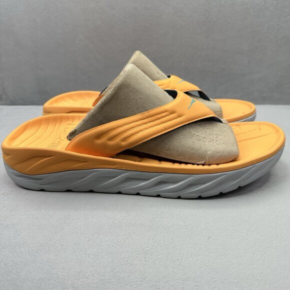 Hoka One One Ora Mens Sz 12 Recovery Sandals Blazing Orange Lunar Rock Flip Flop - Picture 1 of 9